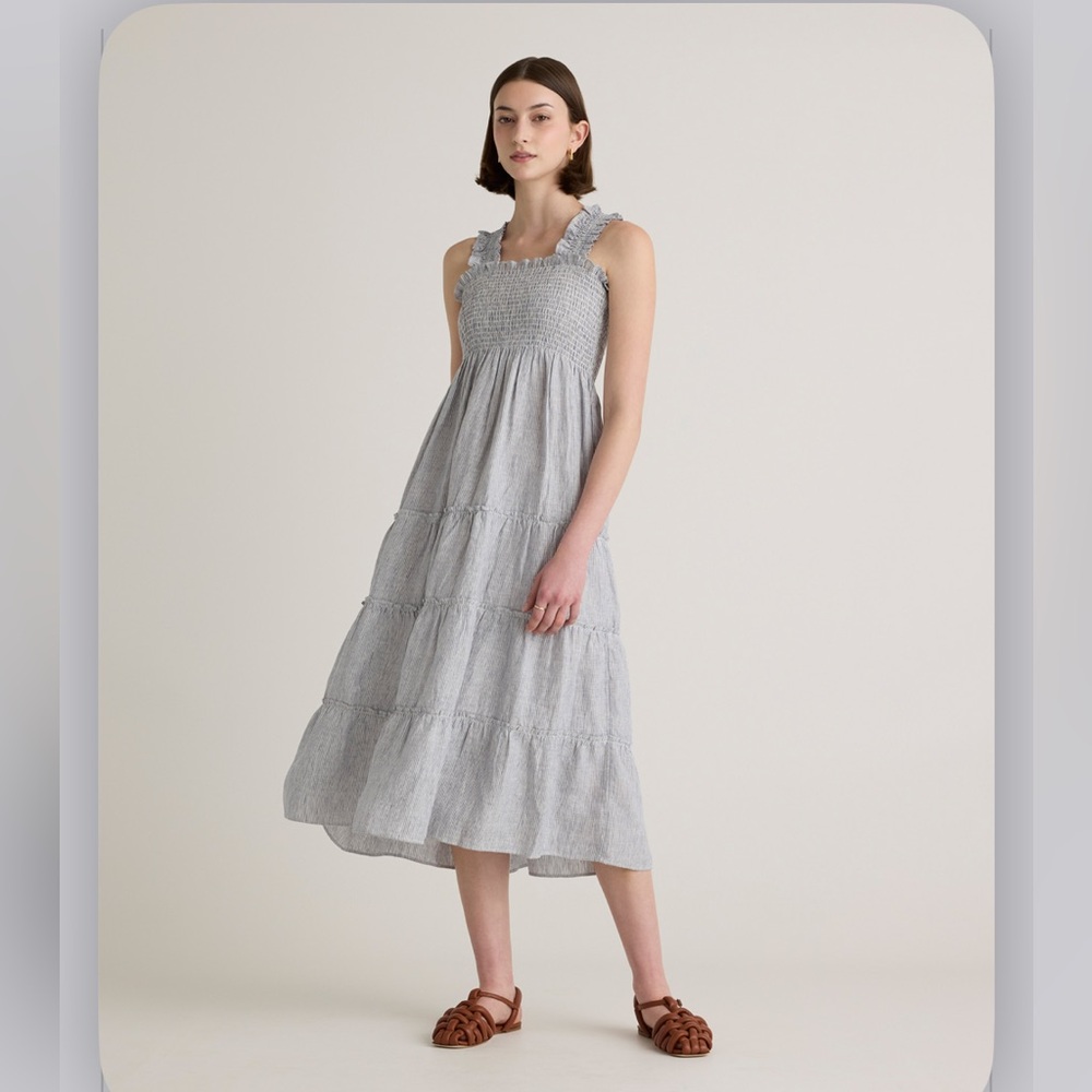 Quince 100% European Linen Smocked Midi Dress - blue pinstripe small